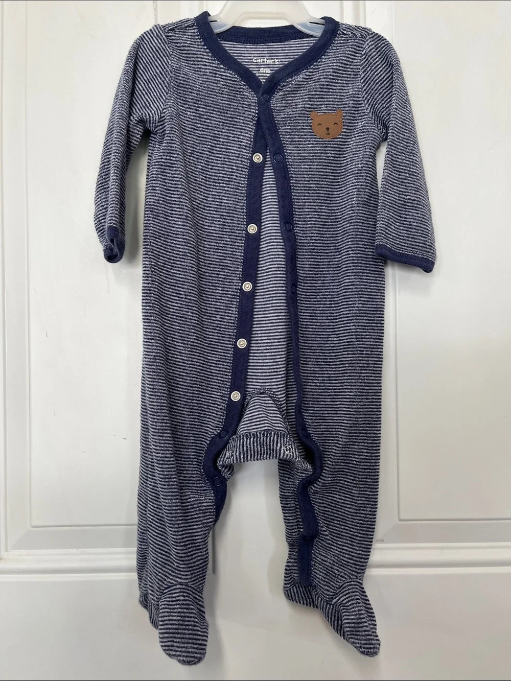 Carter's Navy and White Striped Footed One-Piece with Bear Patch